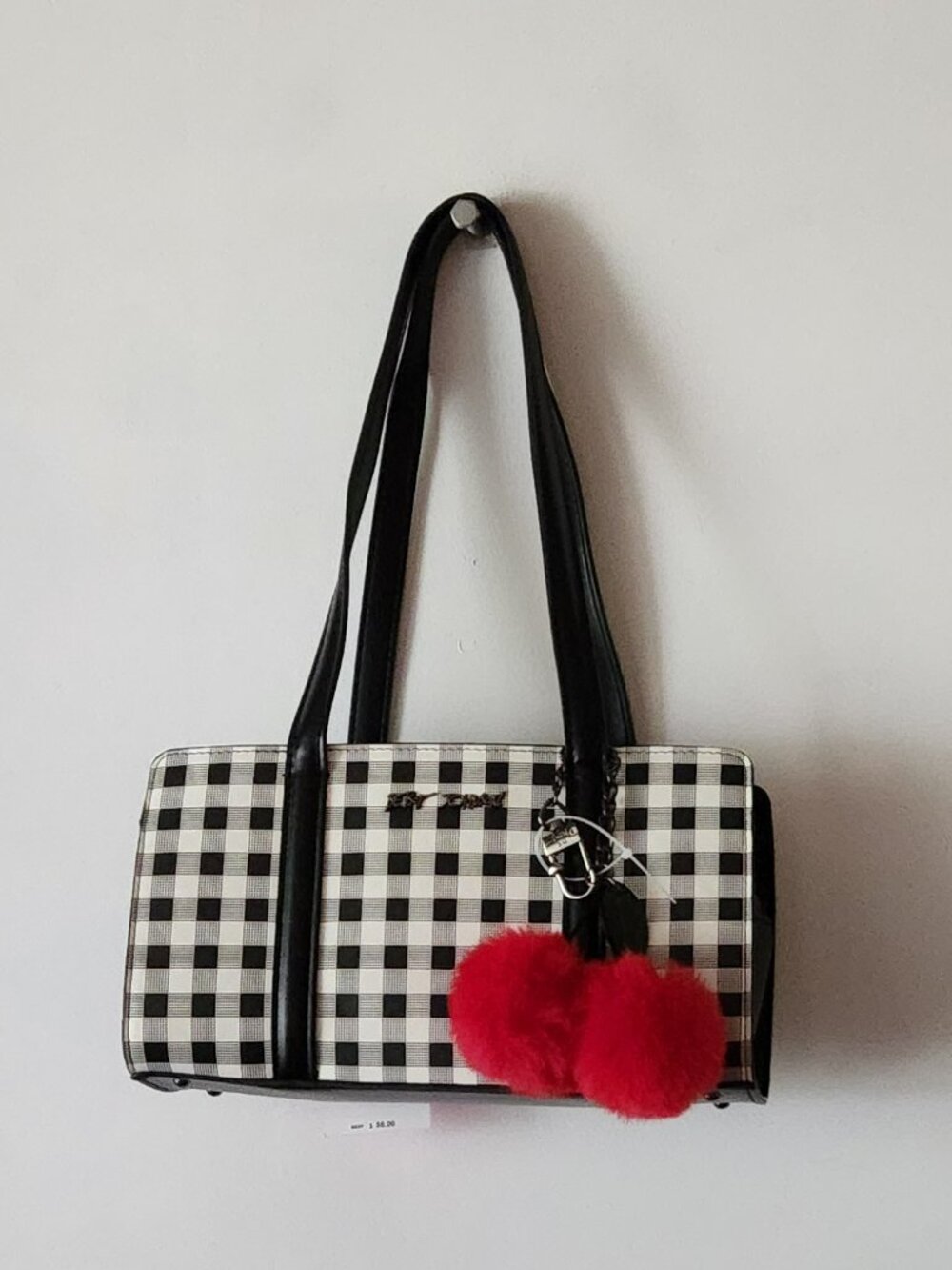 Betsey Johnson bag satchel black white gingham cherries Mack NWT $88